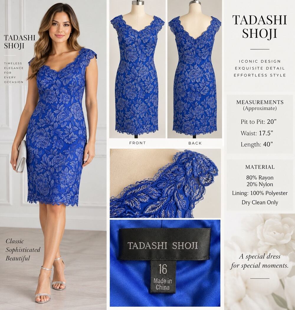 Tadashi Shoji Blue Floral Lace Sheath Dress Size 16 Embroidered Midi